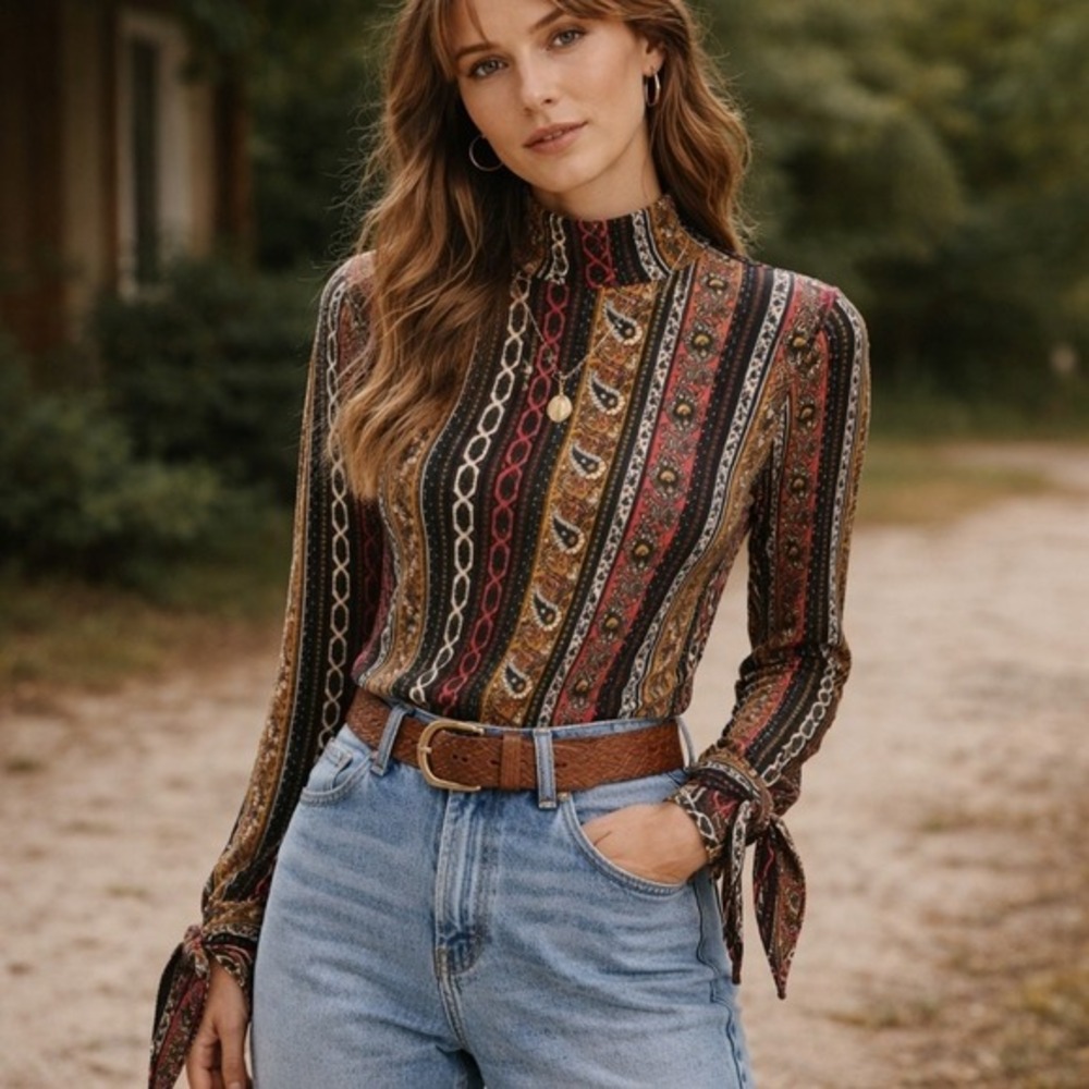 Free People Donatella Turtleneck Top Size Medium Boho Artsy Retro Form Fitted